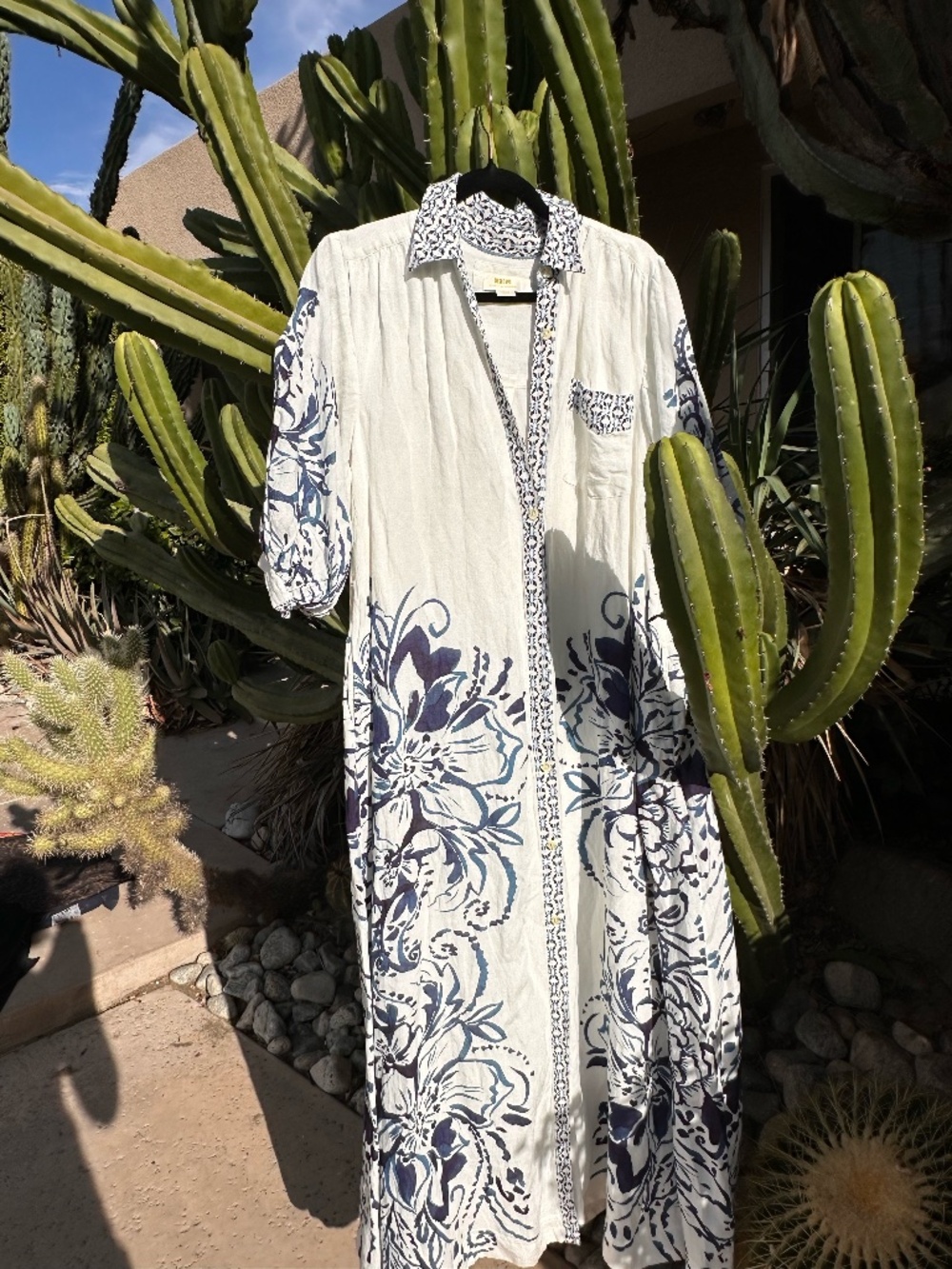 Anthropologie Maeve Mona Linen Blend Floral Maxi Shirt Dress White Blue | Size S